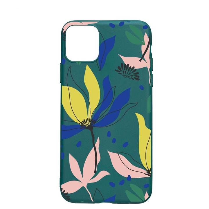 Husa Silicon Compatibila cu Apple iPhone 11 Pro Max, Flowers Pattern, rezistenta la uzura, anti-alunecare, ForestGreen, FG754