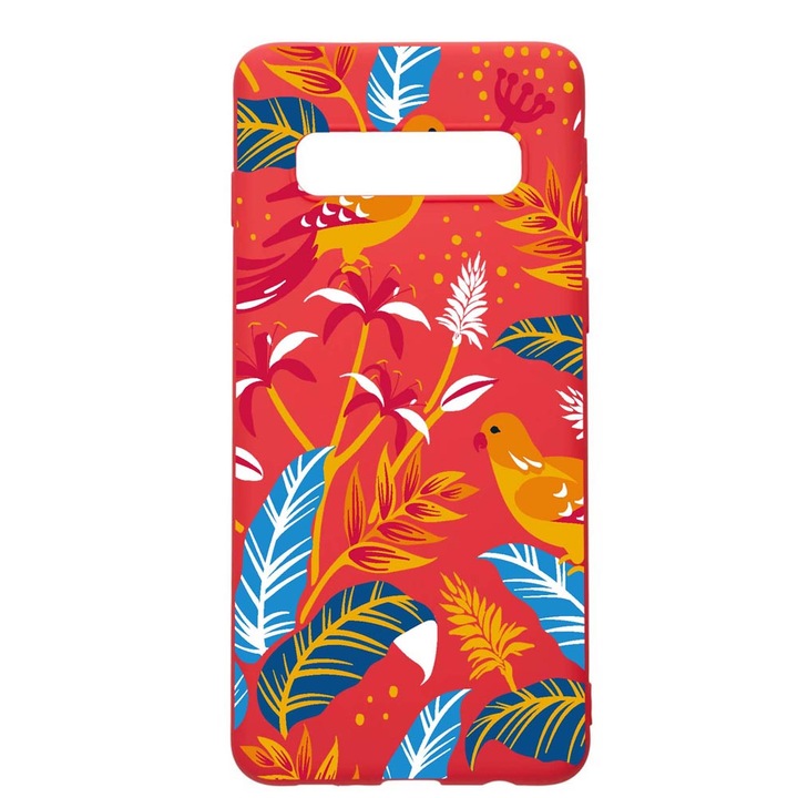 Силиконов калъф, съвместим със Samsung Galaxy S10 Plus, цветни птици, устойчивост на износване, противоплъзгащ се, червен, R769