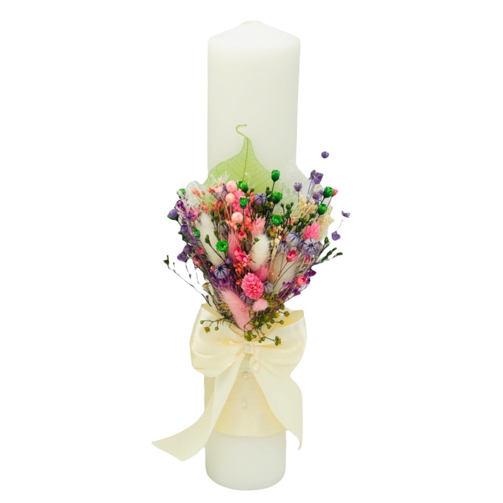 Eventissimi Gyertya, esküvőre vagy keresztelőre, személyre szabható névvel és dátummal, száraz növények megkövesedett levélen, 30 cm, többszínű, elülső elrendezés