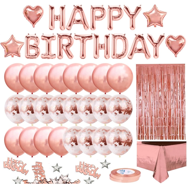 Комплект от 33 декорации за рожден ден, Koungiam, латекс/фолио, розово