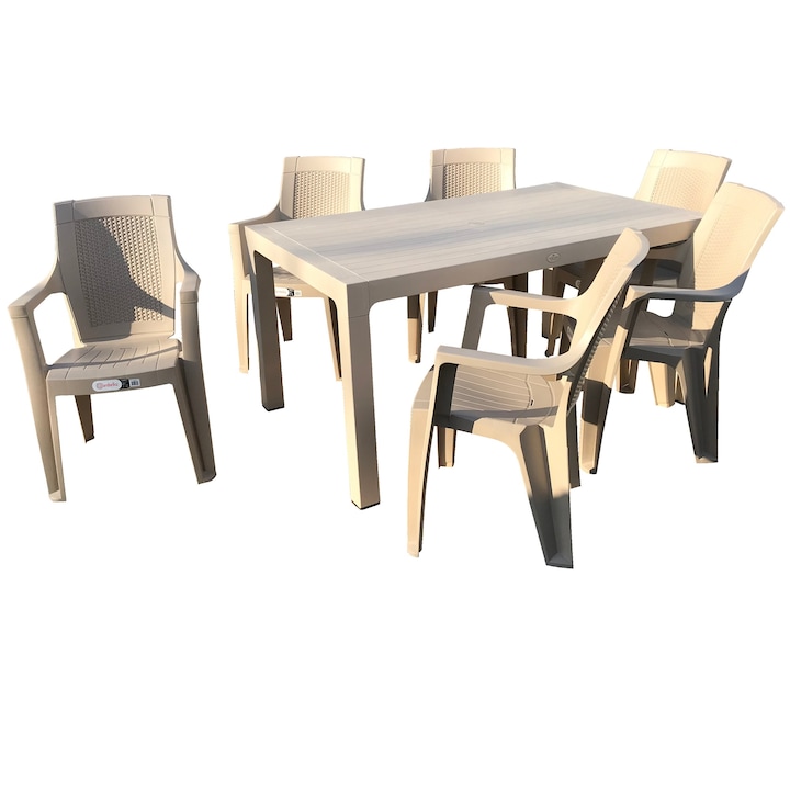 Set mobilier gradina , masa CLASSI WOOD 150x90xh75cm cu 6 scaune ELEGANCE RATAN culoare capucino