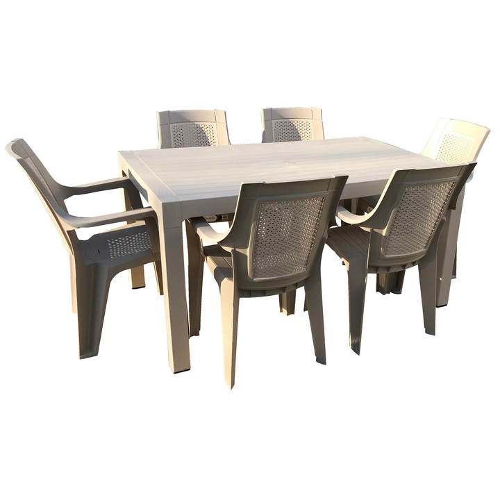 Set mobilier gradina , masa CLASSI WOOD 150x90xh75cm cu 6 scaune ELEGANCE MATTED culoare capucino