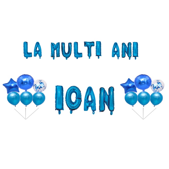 Комплект балони Happy Birthday Ioan, топер за торта, син, 35 бр