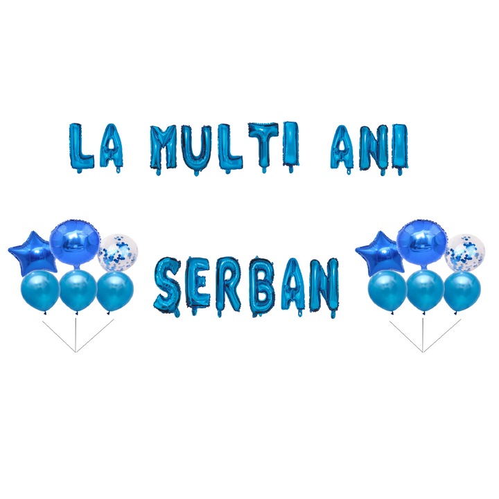 Szerb Boldog születésnapot lufi szett, tortafeltét, kék, 35 db