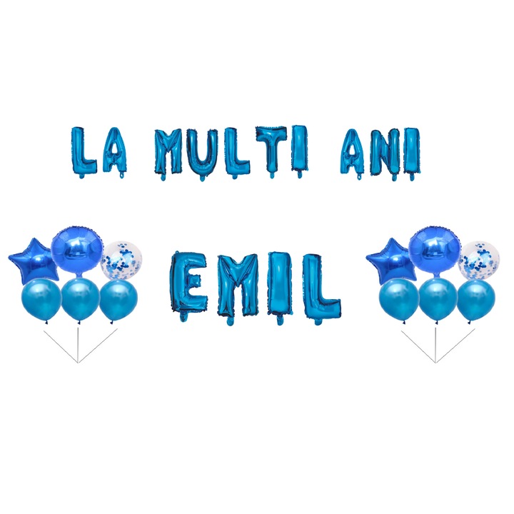 Boldog születésnapot Emil lufi szett, tortafeltét, kék, 35 db