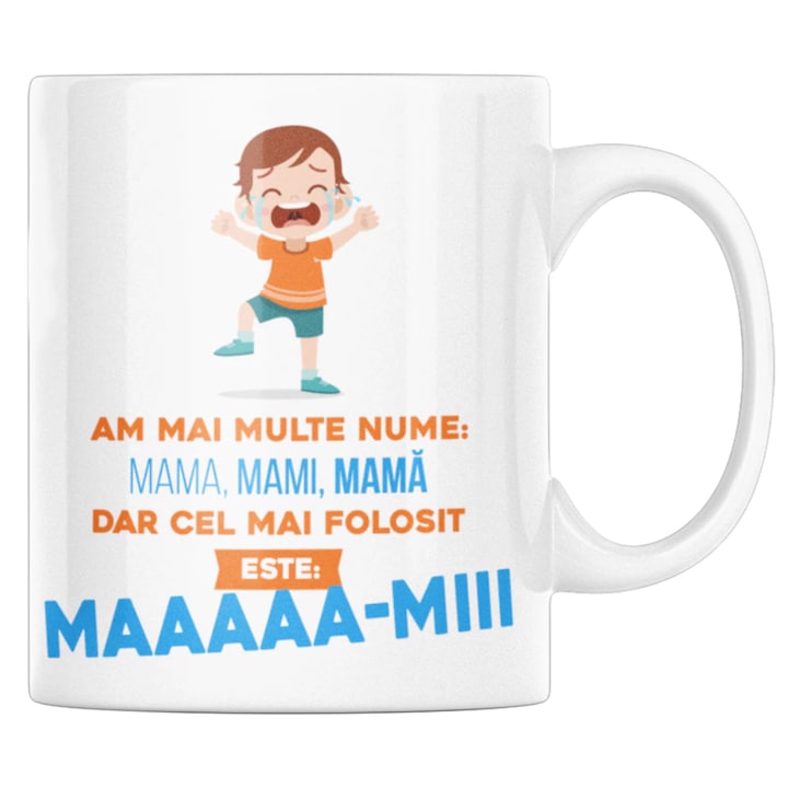 Персонализирана бяла керамична чаша "Имам много имена, но най-използваното е мааааамиии", 330 мл