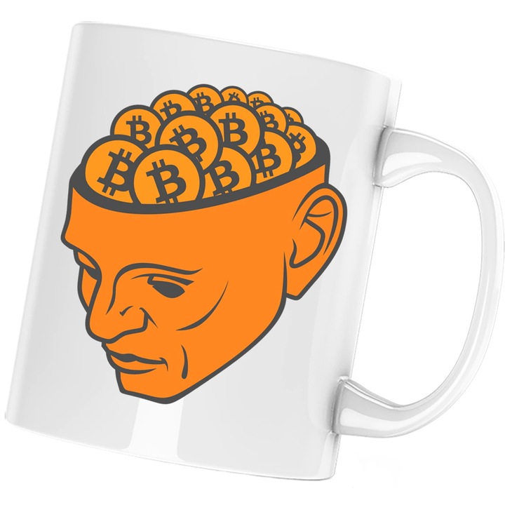 OEM személyre szabott fehér kerámia bögre "Bitcoin in Head", 330 ml