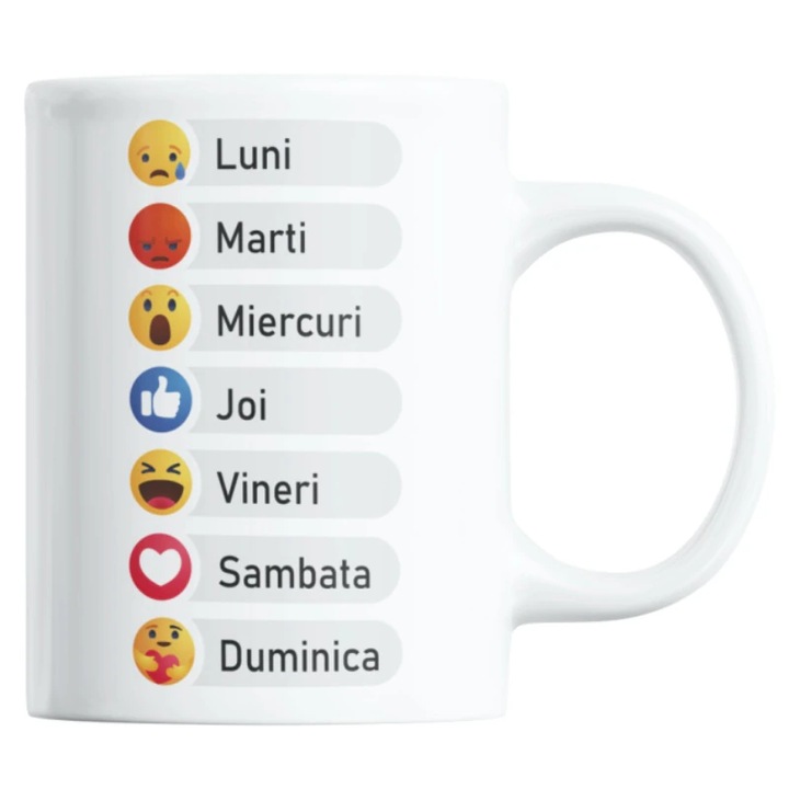 Cana personalizata ceramica alba "Pentru cafea cu zilele saptamanii in emoticoane, emoji dragute" , 330 ml