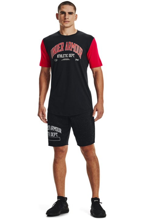 Under Armour, Фитнес тениска с контрастни ръкави, Черен/Аленочервен