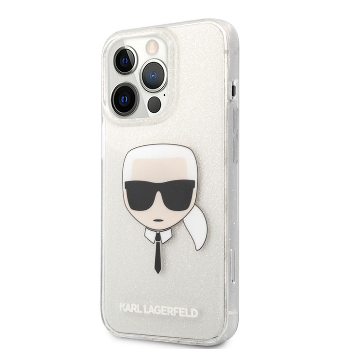 Husa de protectie Karl Lagerfeld Full Glitter Karl Head pentru Apple iPhone 13 Pro, Argintie