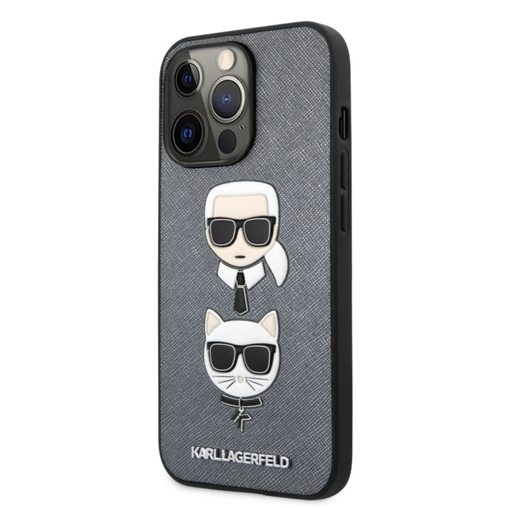 Husa de protectie Karl Lagerfeld Saffiano K&C Heads pentru Apple iPhone 13 Pro, Argintie