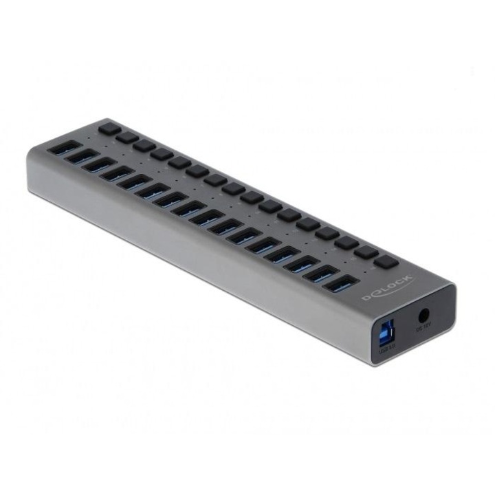 USB хъб Delock, 16 Ports + Switch, Висока скорост, Подсветка, Сив