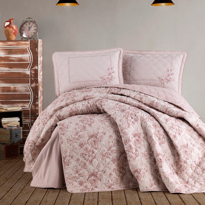 Set Cuvertura de pat din bumbac, matlasata, pentru pat dublu, 240x260cm si 2 fete de perna 50x70cm, Pucioasa, COM-CUV170