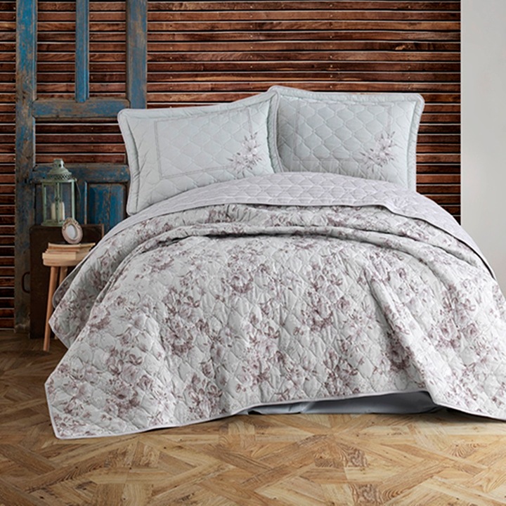 Set Cuvertura de pat din bumbac, matlasata, pentru pat dublu, 240x260cm si 2 fete de perna 50x70cm, Pucioasa, COM-CUV171