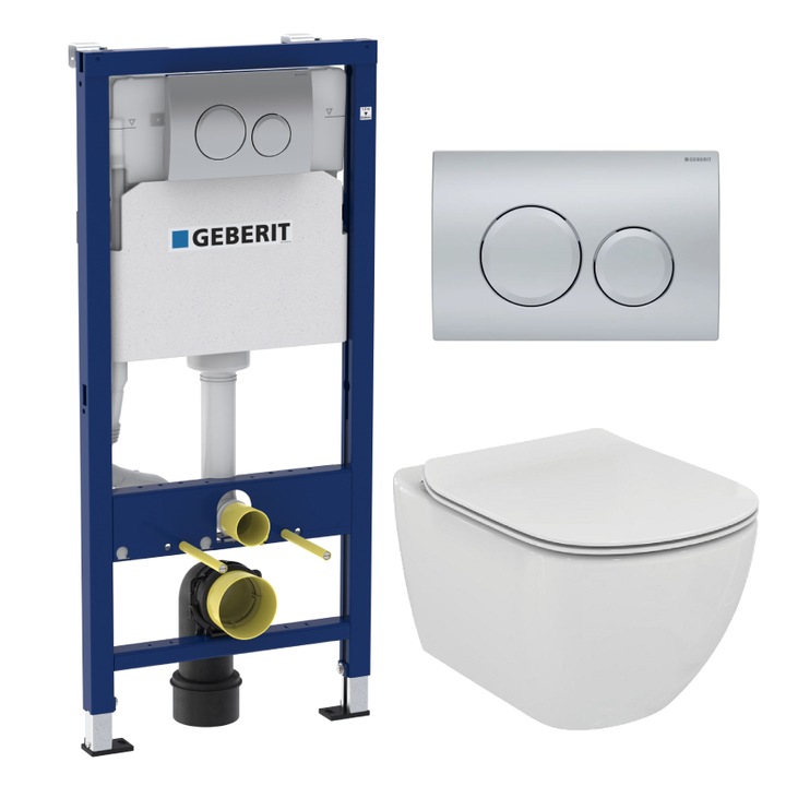 Pachet vas WC Ideal Standard TESI AQUABLADE, capac softclose, Rezervor GEBERIT Duofix Delta Plus, clapeta Delta 21 Crom