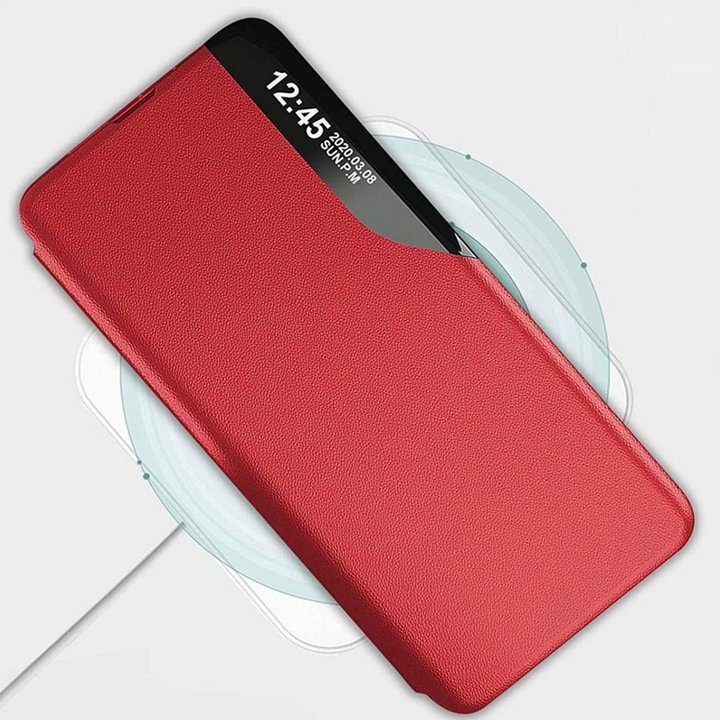 Кожен капак Flip Cover, съвместим със Samsung Galaxy A53 5G, уникален S-View, силна магнитна стойка, HTPMAG, E-Fold, червен