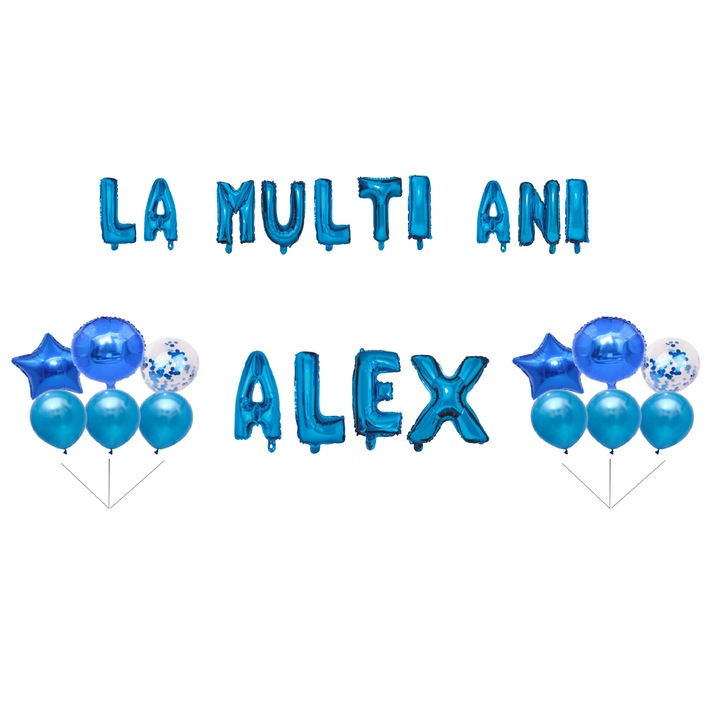 OEM La multi ani Alex Születésnapi lufi szett 35 db, "boldog születésnapot Alex" román nyelven, tortadísz, kék