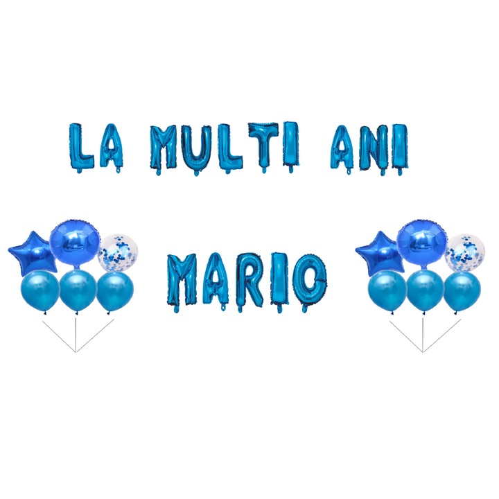 Happy Birthday Mario Balloons Set, Cake topper, Blue, 35 бр