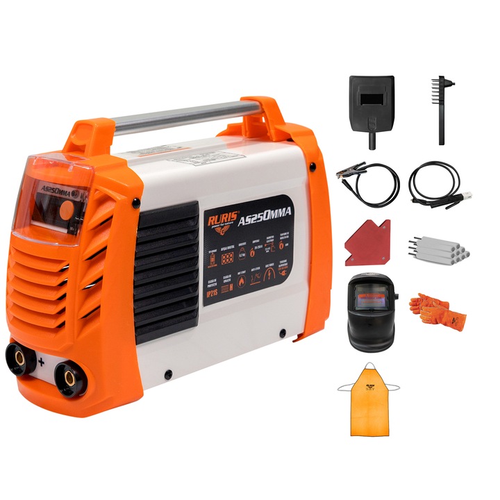 Инвертор за заваряване Ruris AS250MMA, 20-250 A, 9500W, 50/60 Hz, 230 V, Диаметър на електрода 2.5-4 мм, IP21S, Включени аксесоари
