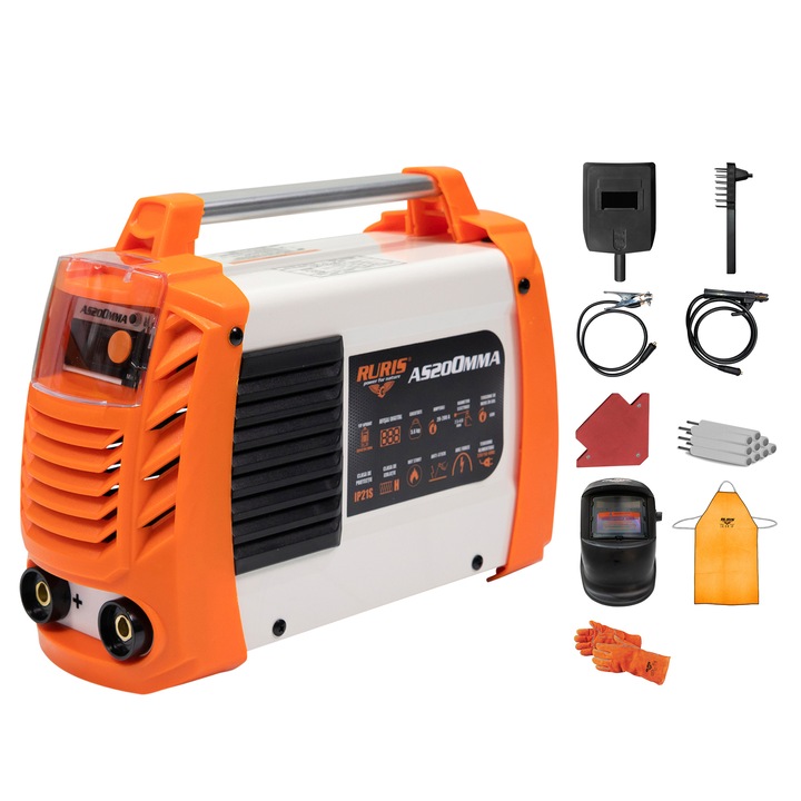 Инвертор за заваряване Ruris AS200MMA, 20-200 A, 7100W, 50/60 Hz, 230 V, Диаметър на електрода 2.5-4 мм, IP21S, Включени аксесоари