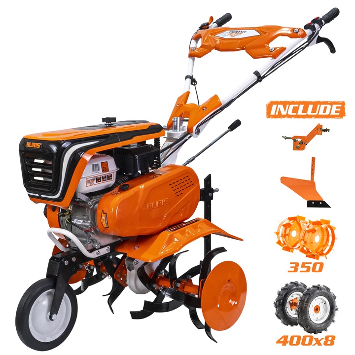 Motocultor pe benzina Ruris 75002022acc4, putere 7 CP, 208 CC, 4 timpi, 2+1 viteze, 83 cm latime lucru, 29 cm adancime lucru, contine:roti cauciuc + plug + adaptor + roti metalice