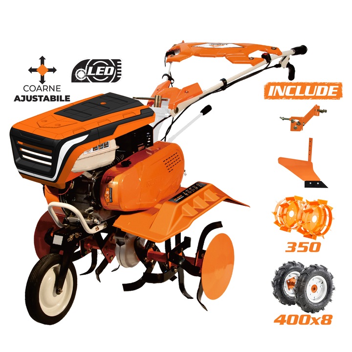 Motocultor pe benzina Ruris 75002022acc4, putere 7 CP, 208 CC, 4 timpi, 2+1 viteze, 83 cm latime lucru, 29 cm adancime lucru, contine:roti cauciuc + plug + adaptor + roti metalice