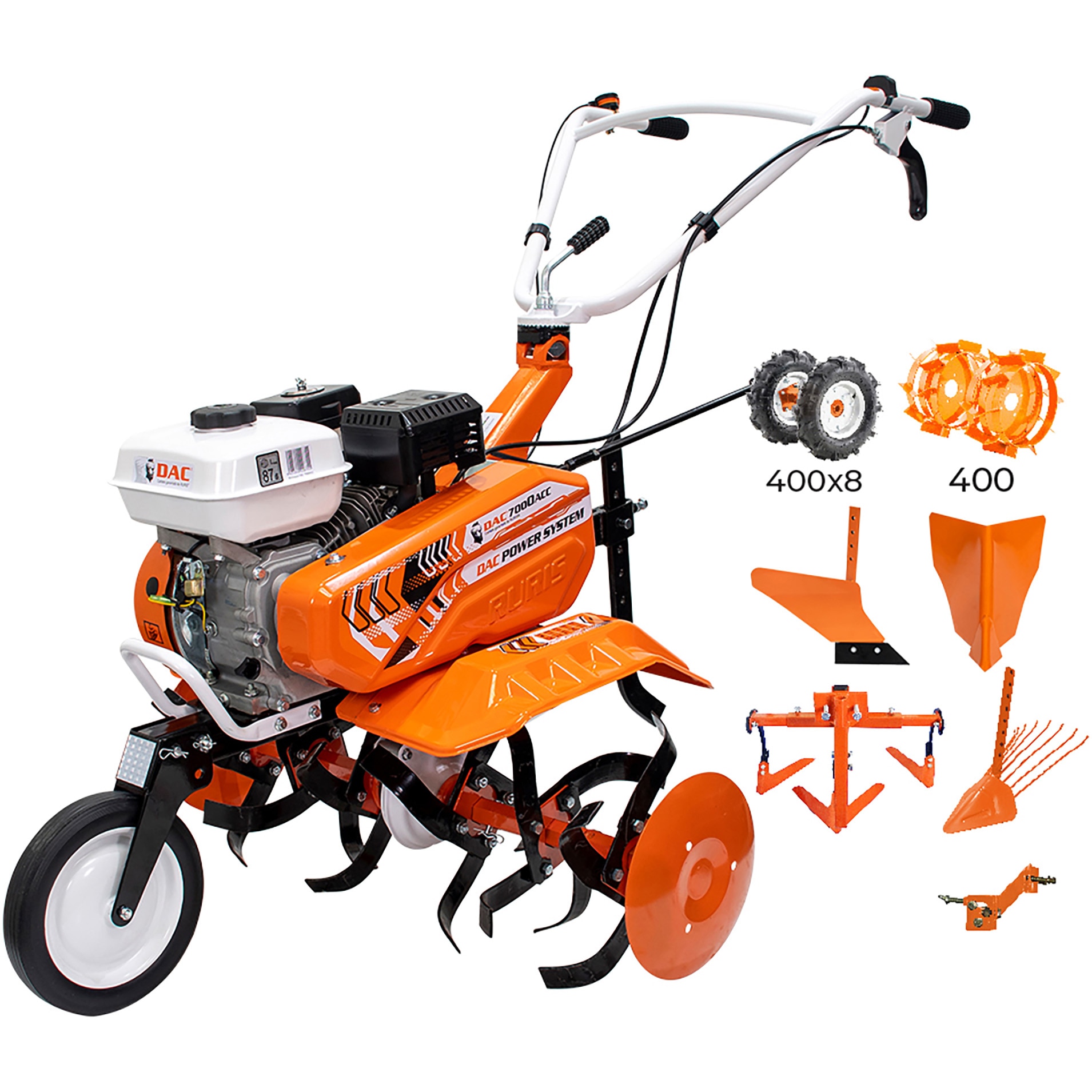 Motocultor pe benzina Ruris DAC 70002022acc3, putere 7 CP, 208 CC, 4 timpi, 2+1 viteze,83 cm latime lucru, contine: roti cauciuc + rarita + plug + adaptor + dispozitiv scos cartofi