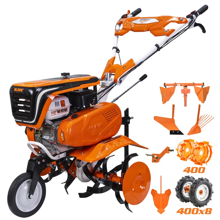 Ruris 75002022acc5 benzines kultivátor, 7 LE, 208 egyenáram, 4 ütemű, 3 sebességfokozat, 560-830 mm munkaszélesség, 3 l tartály, gumikerekek, állítható ritkaság, eke, adapter, burgonya adapter, multifunkciós kultivátor, 400 fém kerék, készlet ellensúly.