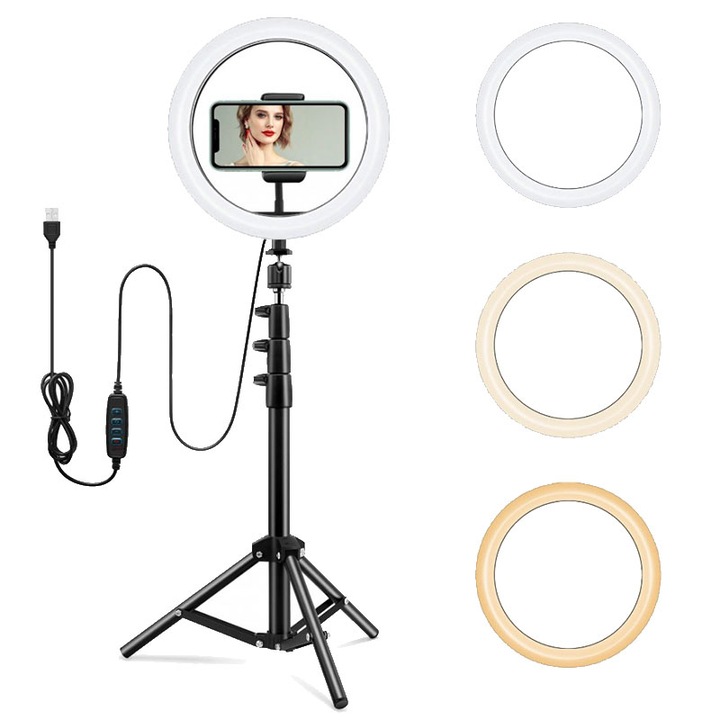 Inel foto profesional LED, USB, Trepied 1.6 m, Negru