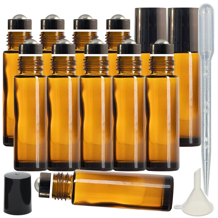 Set 12 Sticle Roll-on Mevis Line ®, 10ml, 8.5 cm, pentru Uleiuri Esentiale sau Parfum, Maro