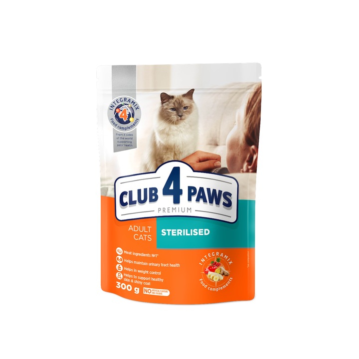 Set 2 x Hrana uscata completa pisici sterilizate, Club 4 Paws Premium, 300g
