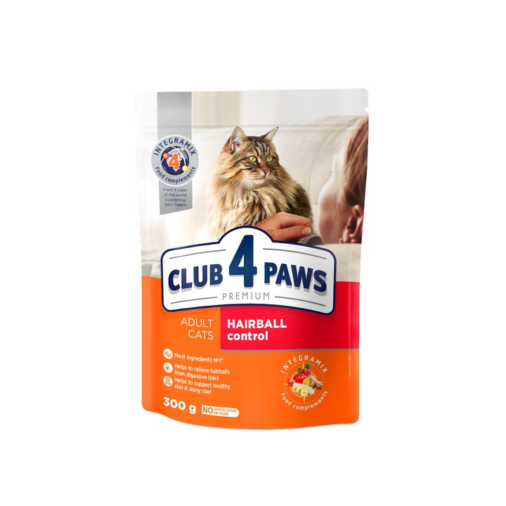 Set 2 x Hrana uscata premium pentru pisici Hairball Control, Club 4 Paws Premium, 300g