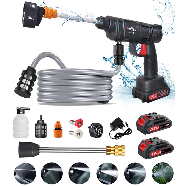 Aparat de spalat cu presiune fara fir, Folixs®, 500W, 3L/min, 30 bar, negru