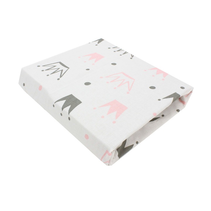 Cearceaf Prichindel, patut, Princess roz coronite noi, alb, 120x60 cm