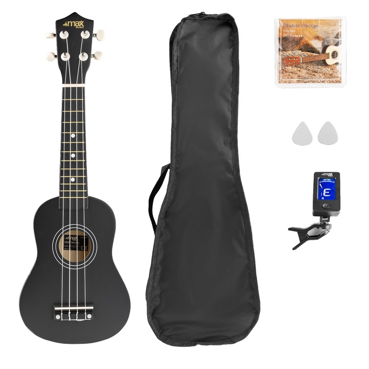 Set ukulele cu geanta de transport, 21", negru, MAX UKEY