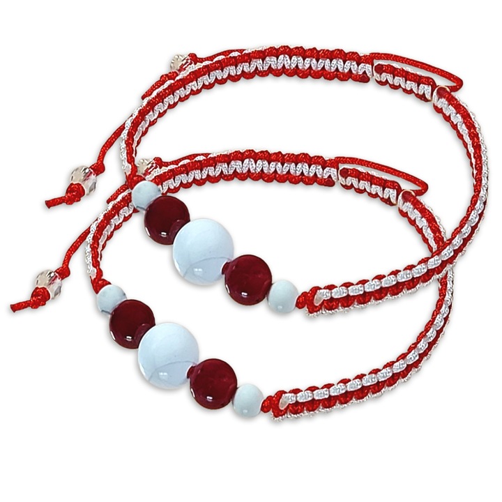 Set 2 Bratari Martisor ArtDeco impletite manual din snur rosu si alb, cu pietre semipretioase de Howlit si Coral si cristale de Terahertz, reglabile 16-25 cm