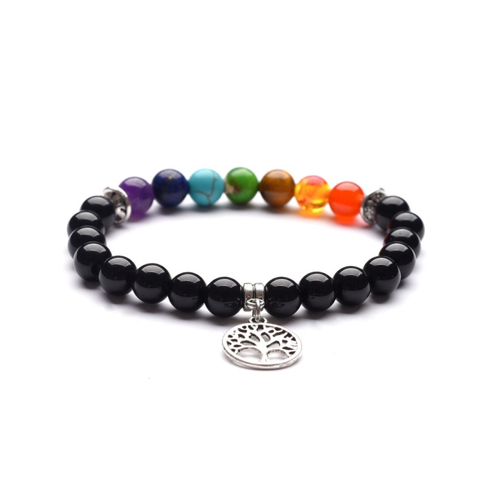 Дамска гривна от вулканична скала EFAYN, С висулка и дървото на живота, Унисекс, Черен