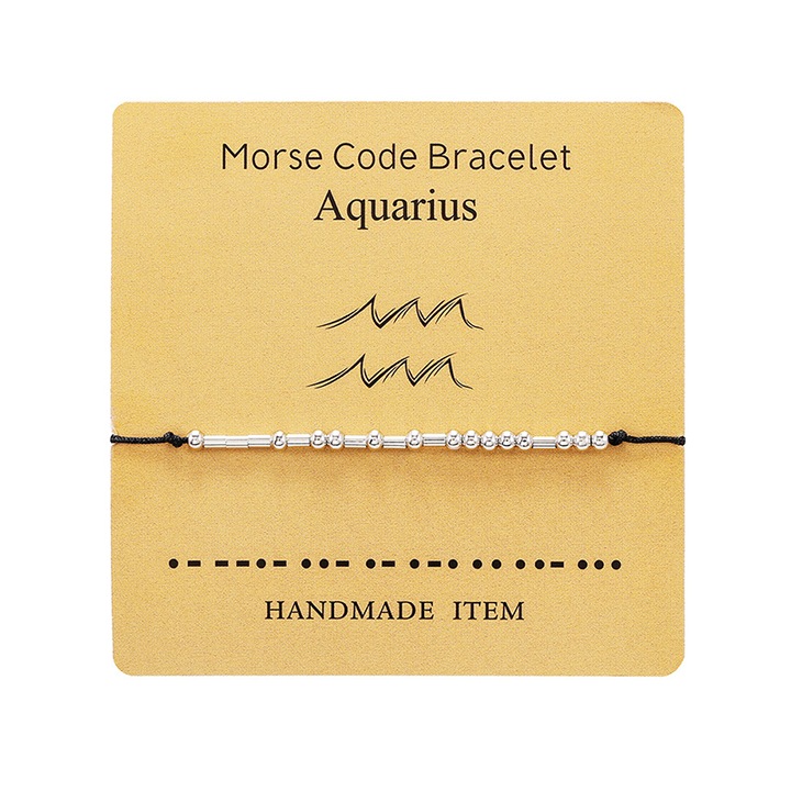 Bratara cod morse zodiac varsator, argintiu, creata manual, neagra, EFAYN, unisex