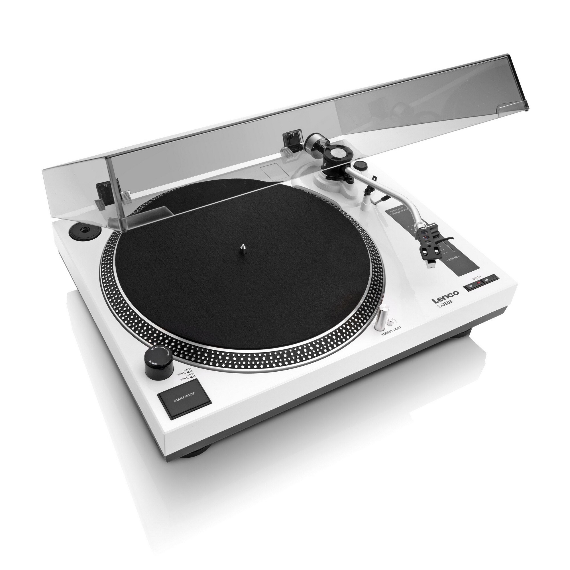 Pick-Up Lenco L-3808 USB, Preamplificator integrat, Doza MM, Direct Drive, Culoare Alb