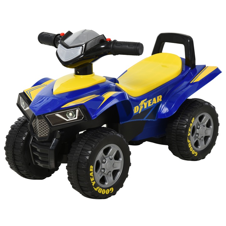 Vehicul Quad pentru copii, Homcom, Licenta GOODYEAR, Cu lumini si sunete, 18-36 luni, 60x38x42 cm, Albastru/Galben