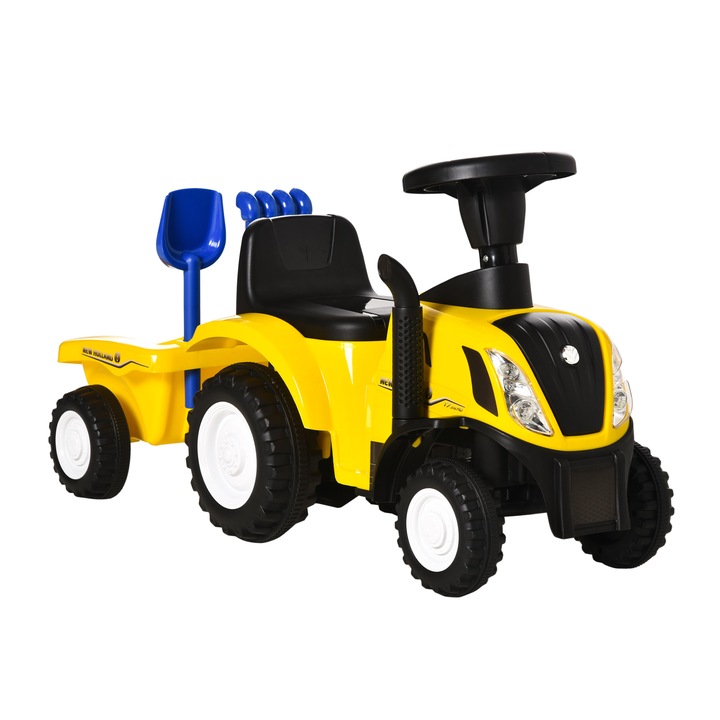 Tractor pentru copii, Homcom, Cu remorca, grebla si lopata, 12-36 luni, Galben