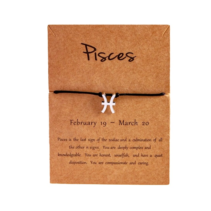 Bratara semn zodiac pesti argintiu, creata manual, neagra, unisex, EFAYN