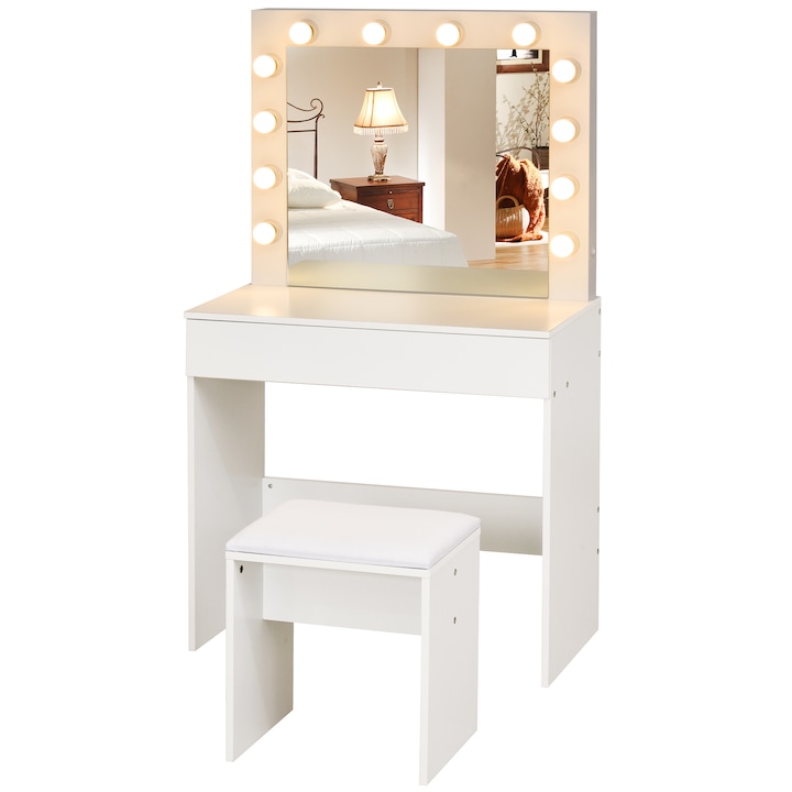 Комплект тоалетка с огледало и стол, LED осветление, MDF, 80x40x140см, бял