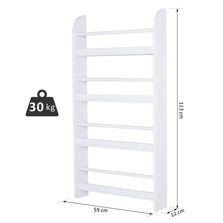 Etajera de perete pentru carti Homcom, 4 rafturi, Capacitate 30kg, Lemn de pin/MDF, 59x12x113cm, Alb