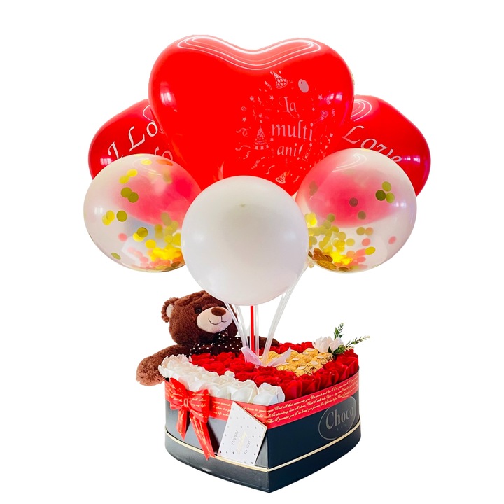 Cutie Cadou, ChocoBox, Valentine's Love, include 1 Urs Plus, 11 Fererro Rocher, 33 Trandafiri si 7 Baloane