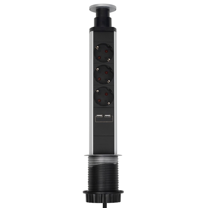 Прибиращ се разклонител Home за плот, 3 Гнезда, 2 USB, Кабел 1.4, Черен