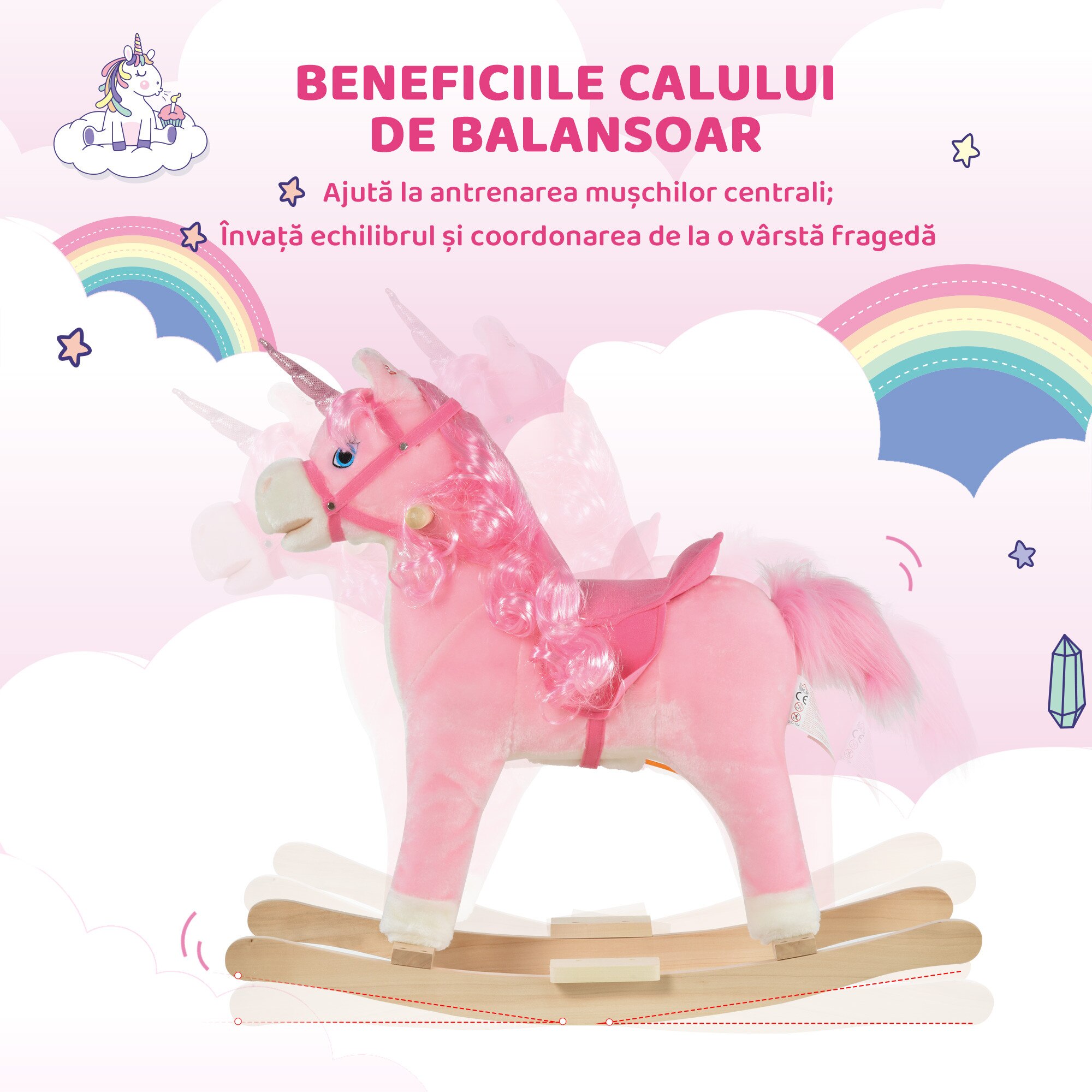 Calut Roz Balansoar pentru copii, Homcom, 3-6 ani, Model calut, 74x33x62, Roz ...