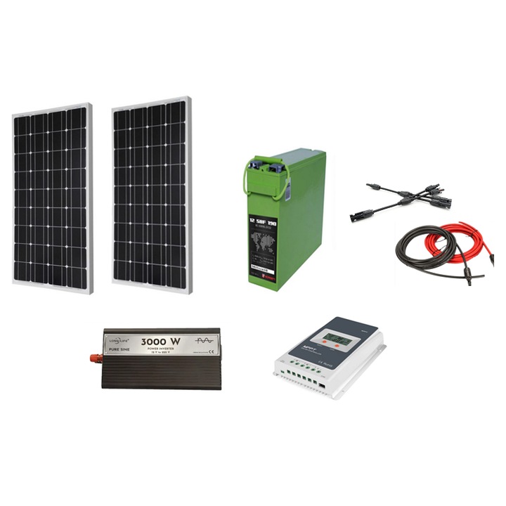 Kit fotovoltaic solar sistem 360 W (2 panouri solare 180 W ) 12 V, regulator/controller solar Epever MPPT 30 A, invertor 3000W, SINUS PUR, baterie solara AGM 190A, Solid Volt