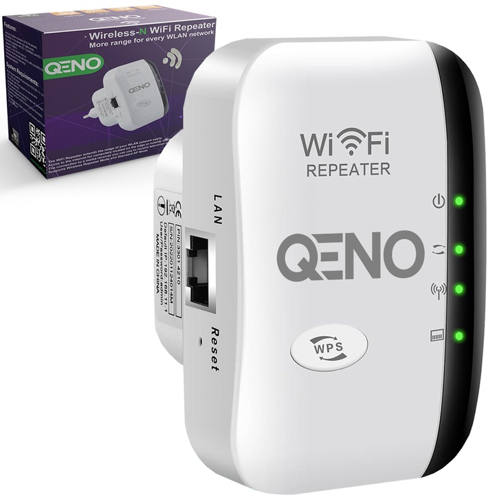 Adaptor Wireless Extender Qeno® Amplificator Semnal Range Wifi, 2.4Ghz, 300 Mbps, 10M Acoperire, LAN Slot, Alb