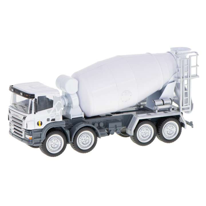 Játék betonkeverő, fém / műanyag / gumi, méretarány 1:50, +8 év, 19,5x5,5x9 cm, fehér